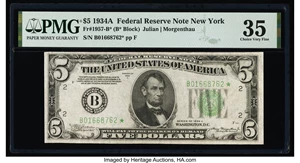 image for: Fr. 1957-B* $5 1934A Federal Reserve Star Note. PMG Choice Very Fine 35....