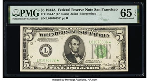image for: Fr. 1957-L* $5 1934A Federal Reserve Star Note. PMG Gem Uncirculated 65 EPQ....