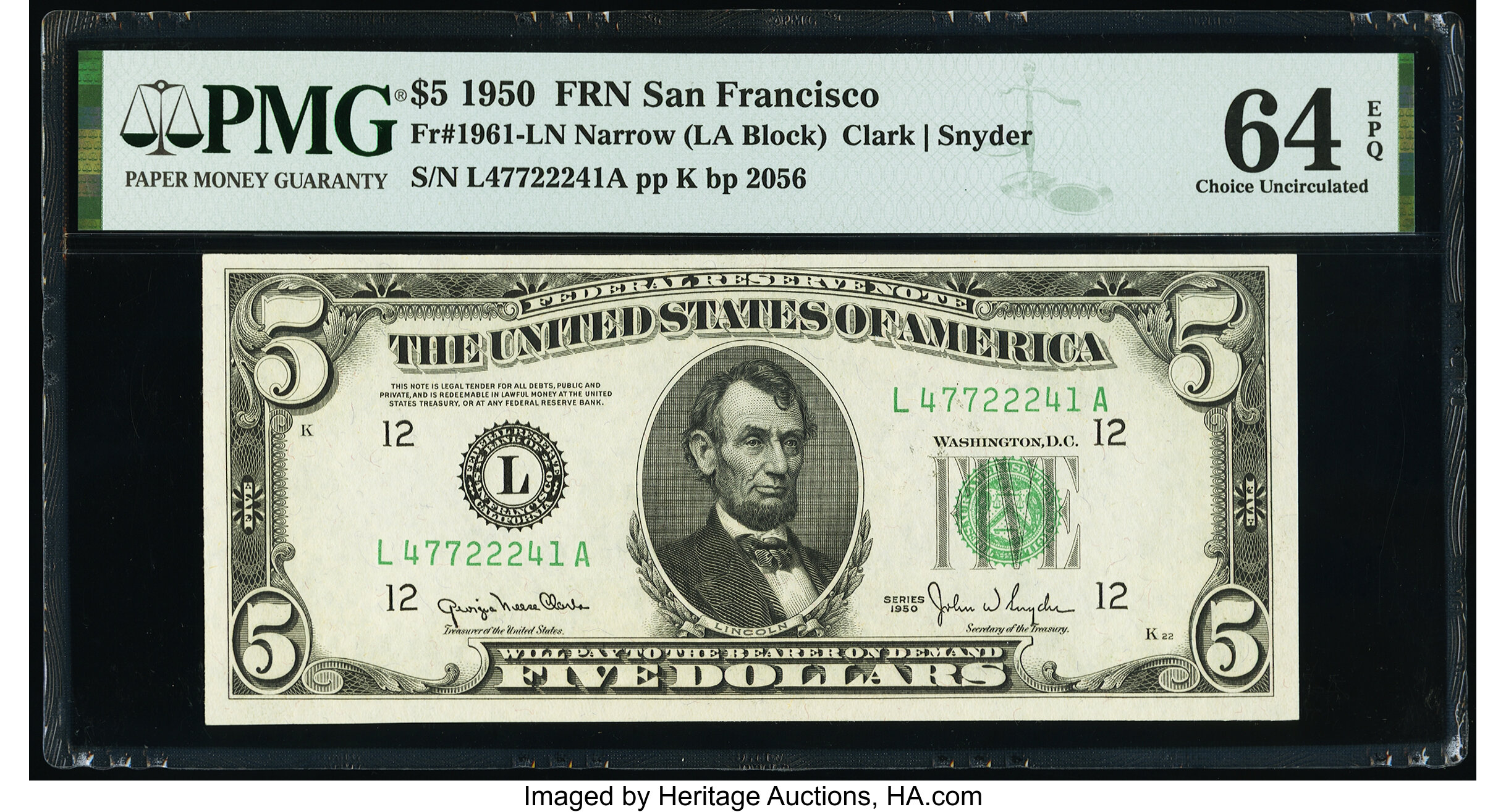 image for: Fr. 1961-L $5 1950 Narrow Federal Reserve Note. PMG Choice Uncirculated 64 EPQ....