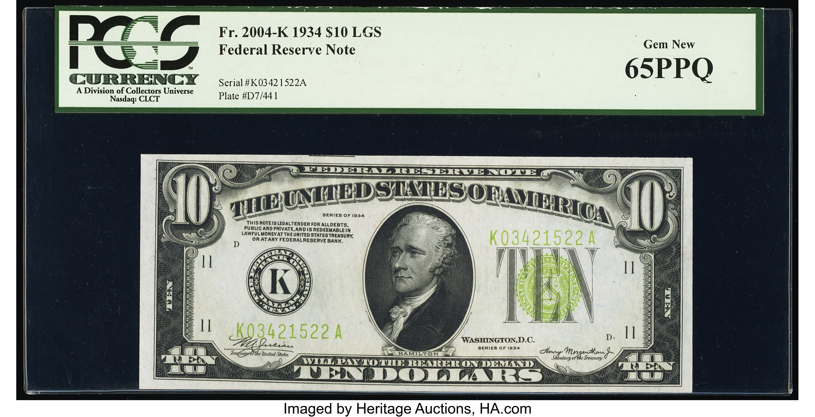 image for: Fr. 2004-K $10 1934 Federal Reserve Note. PCGS Gem New 65PPQ....