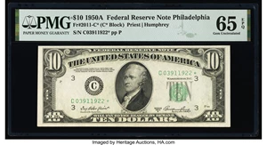 image for: Fr. 2011-C* $10 1950A Federal Reserve Star Note. PMG Gem Uncirculated 65 EPQ....