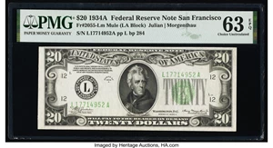 image for: Fr. 2055-L $20 1934A Mule Federal Reserve Note. PMG Choice Uncirculated 63 EPQ....