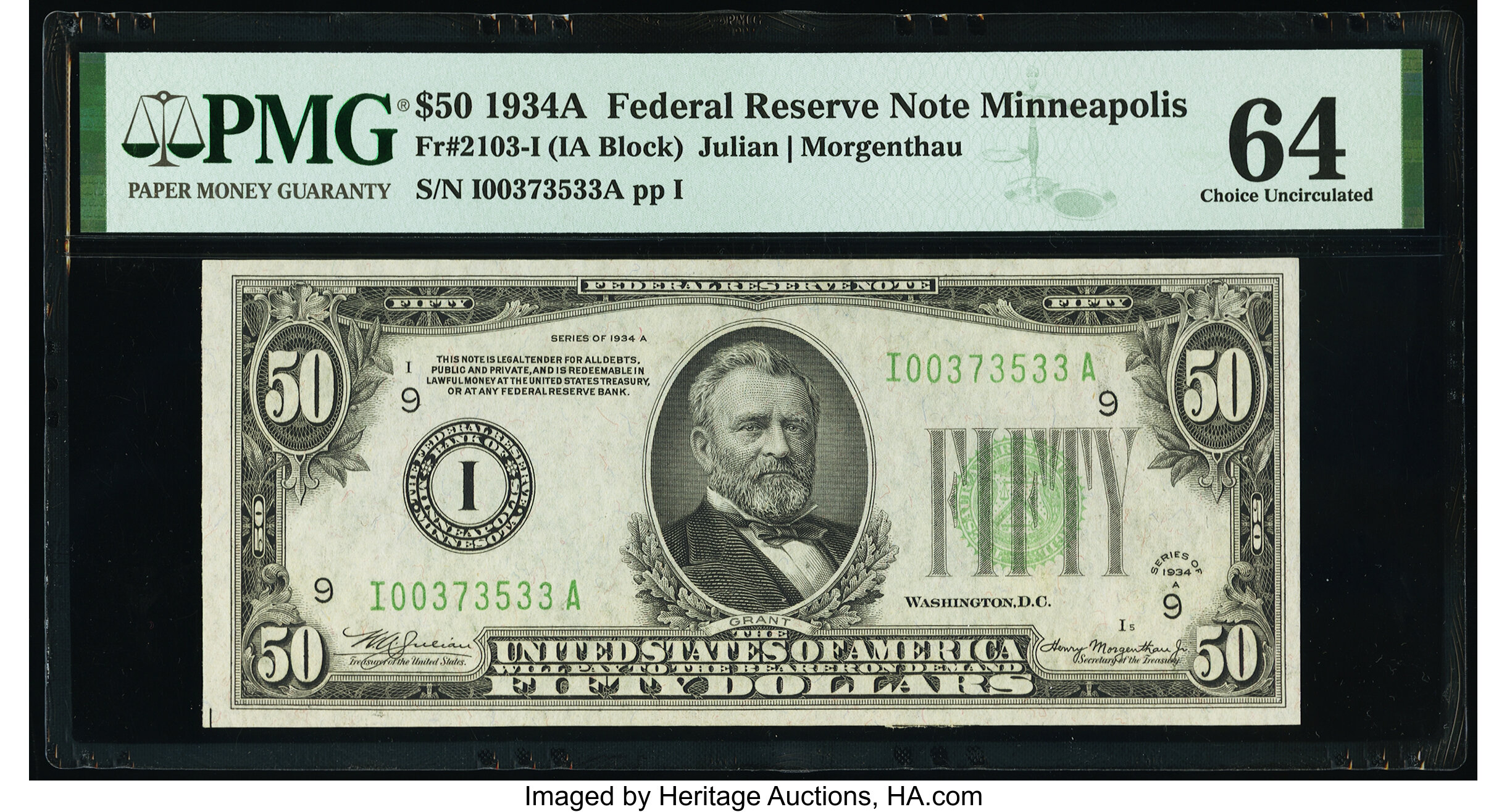 image for: Fr. 2103-I $50 1934A Federal Reserve Note. PMG Choice Uncirculated 64....