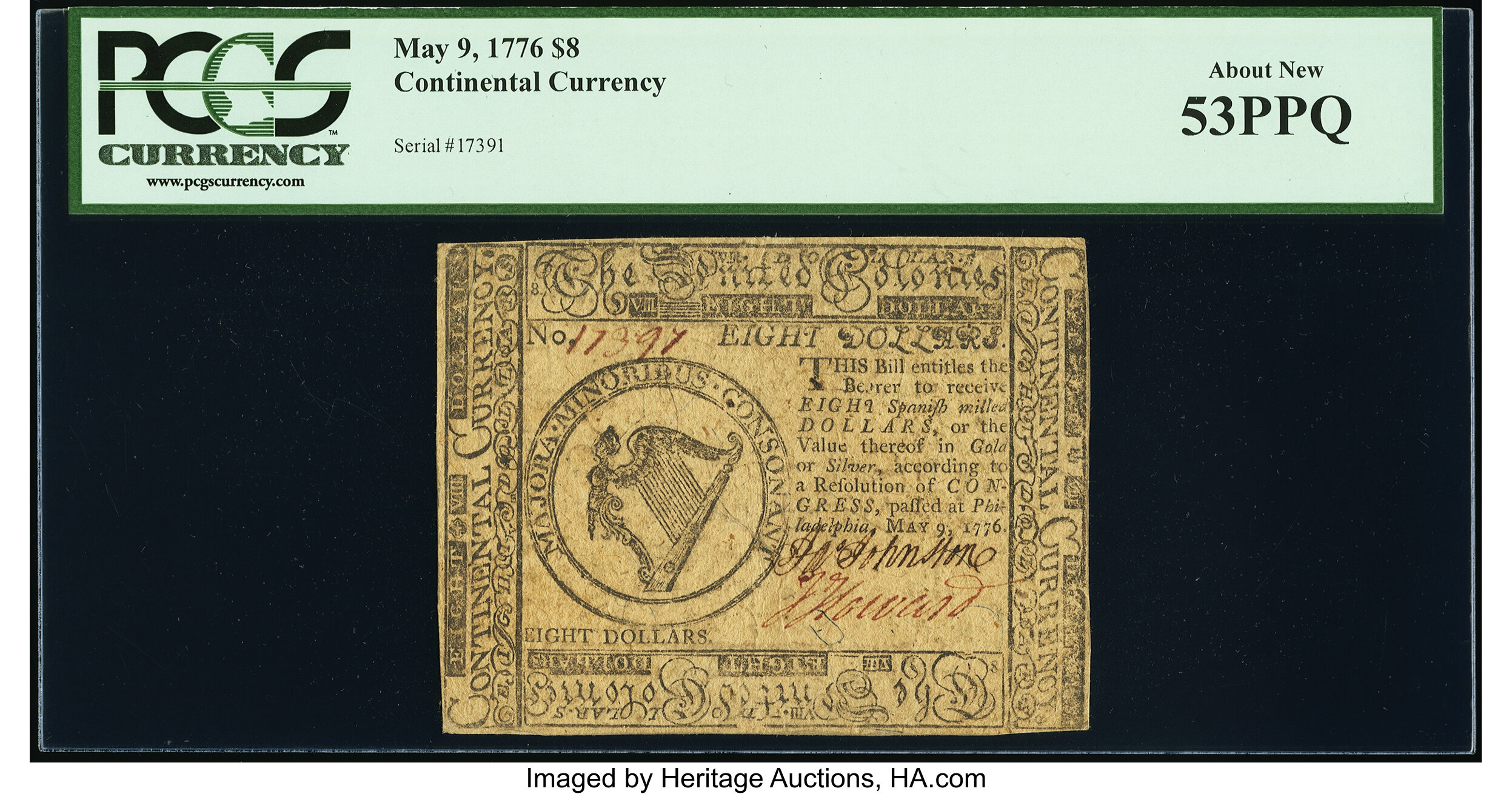 image for: Continental Currency May 9, 1776 $8 PCGS About New 53PPQ....