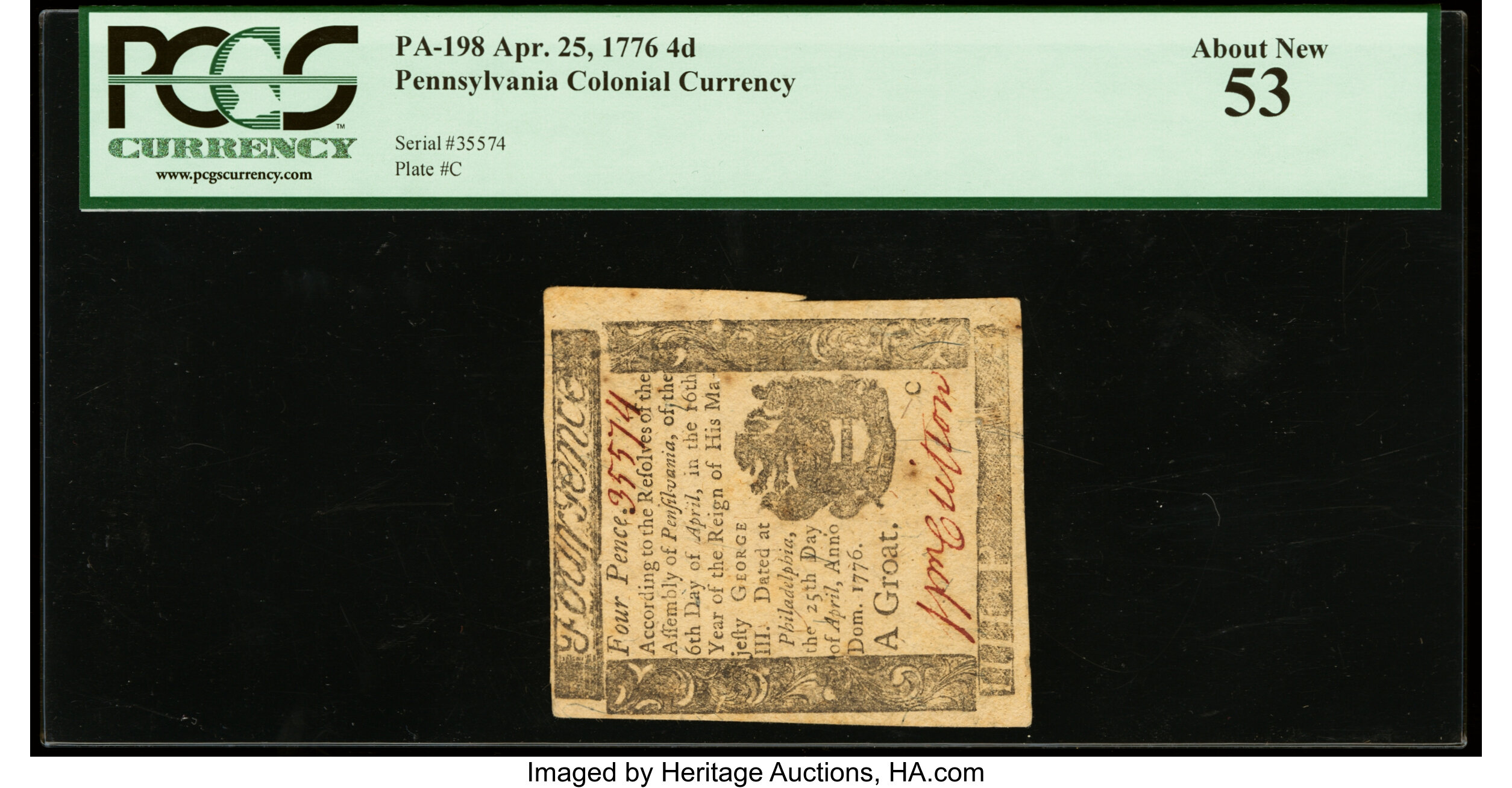 image for: Pennsylvania April 25, 1776 4d PCGS About New 53....