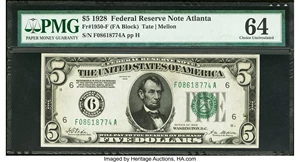 image for: Fr. 1950-F $5 1928 Federal Reserve Note. PMG Choice Uncirculated 64....