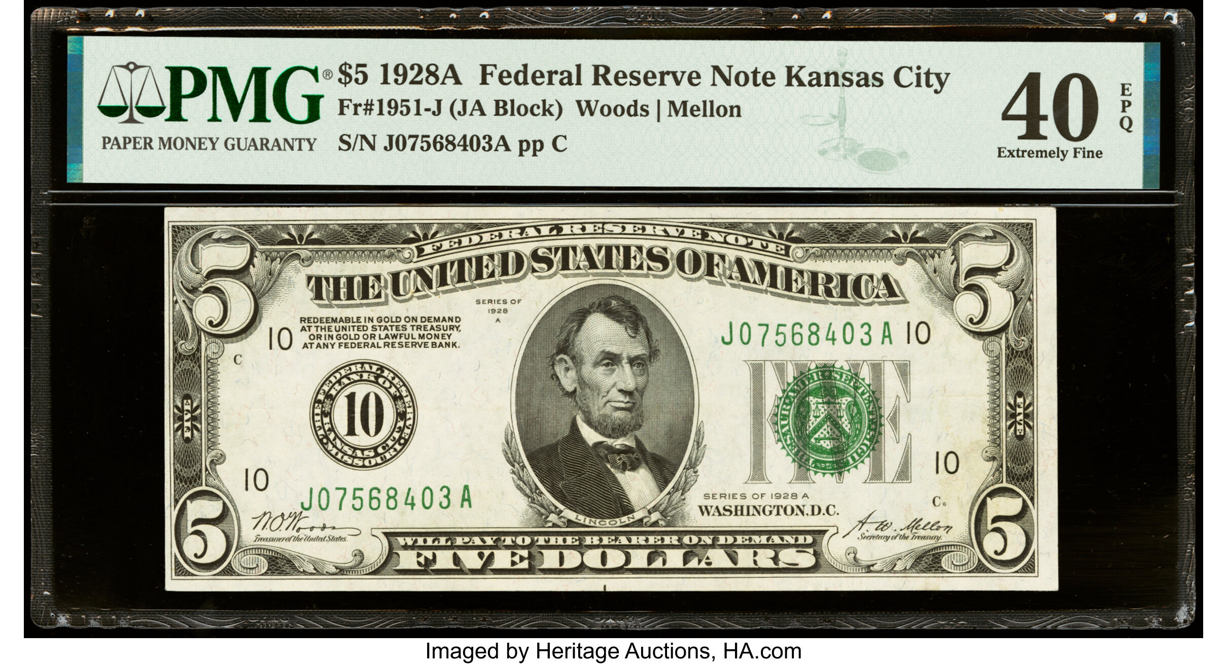 image for: Fr. 1951-J $5 1928A Federal Reserve Note. PMG Extremely Fine 40 EPQ....