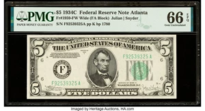 image for: Fr. 1959-F $5 1934C Wide Federal Reserve Note. PMG Gem Uncirculated 66 EPQ....