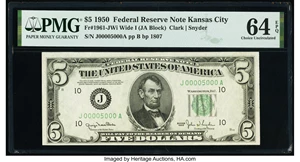 image for: Fr. 1961-J $5 1950 Wide I Federal Reserve Note. PMG Choice Uncirculated 64 EPQ....