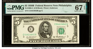 image for: Fr. 1963-C $5 1950B Federal Reserve Note. PMG Superb Gem Unc 67 EPQ....
