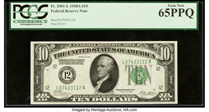 image for: Fr. 2001-L $10 1928A Federal Reserve Note. PCGS Gem New 65PPQ....
