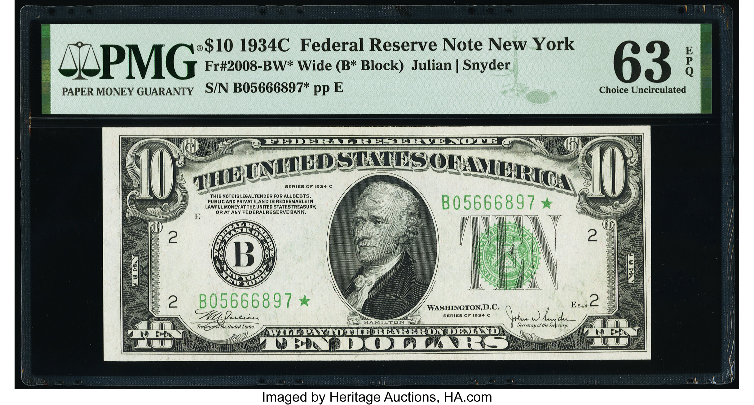 image for: Fr. 2008-B* $10 1934C Wide Federal Reserve Star Note. PMG Choice Uncirculated 63 EPQ....