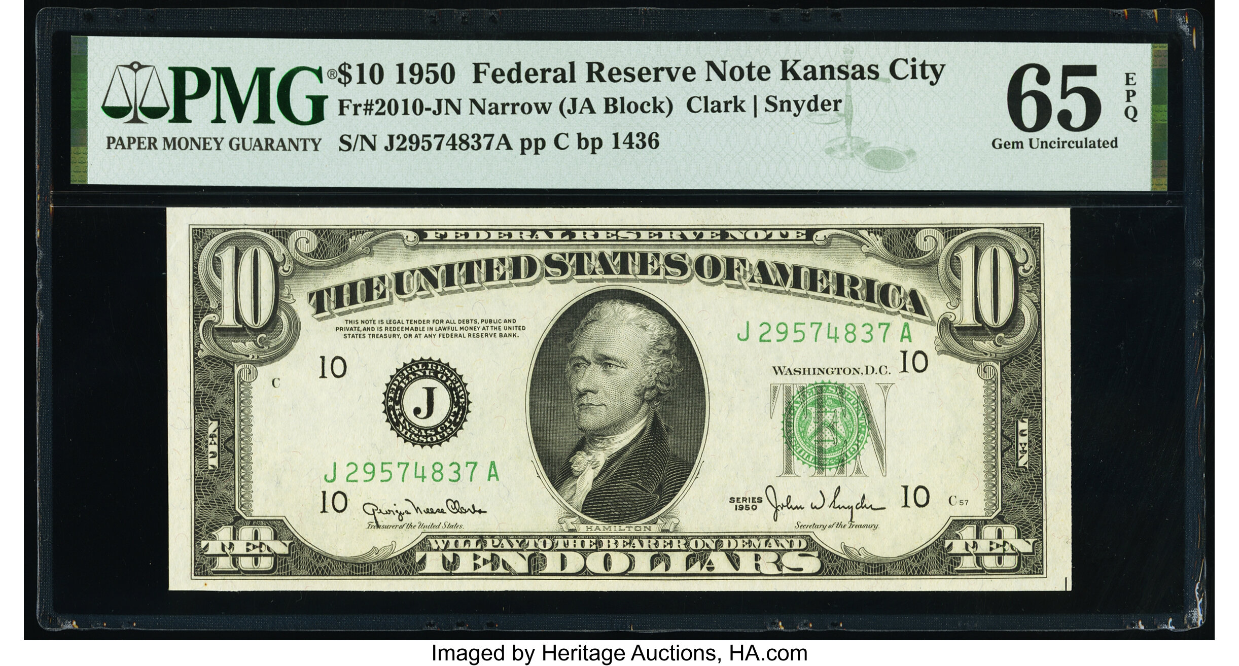 image for: Fr. 2010-J $10 1950 Narrow Federal Reserve Note. PMG Gem Uncirculated 65 EPQ....