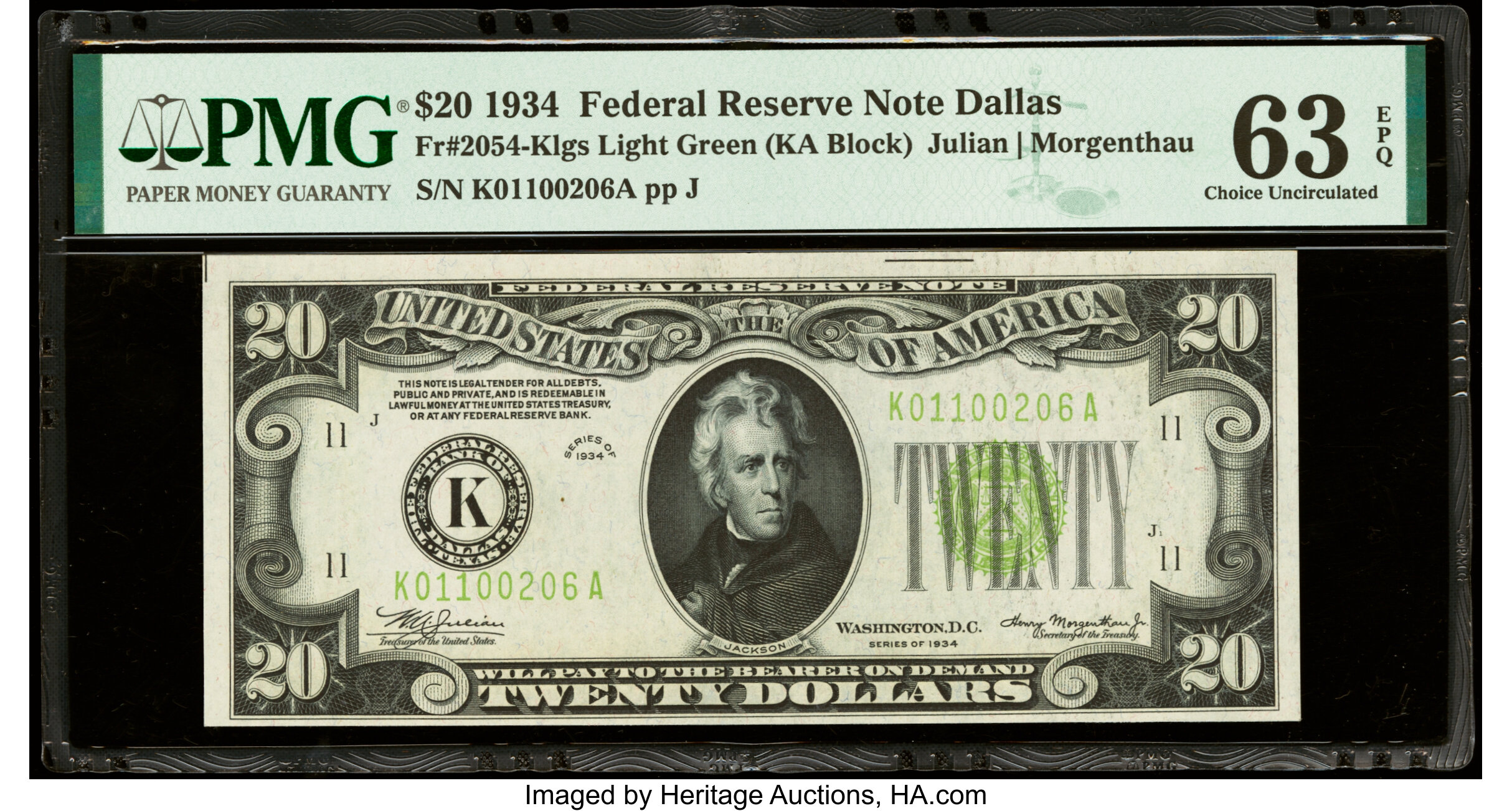 image for: Fr. 2054-K $20 1934 Federal Reserve Note. PMG Choice Uncirculated 63 EPQ....