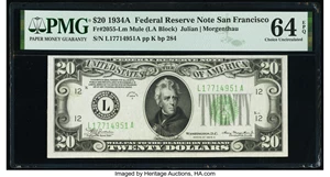 image for: Fr. 2055-L $20 1934A Mule Federal Reserve Note. PMG Choice Uncirculated 64 EPQ....