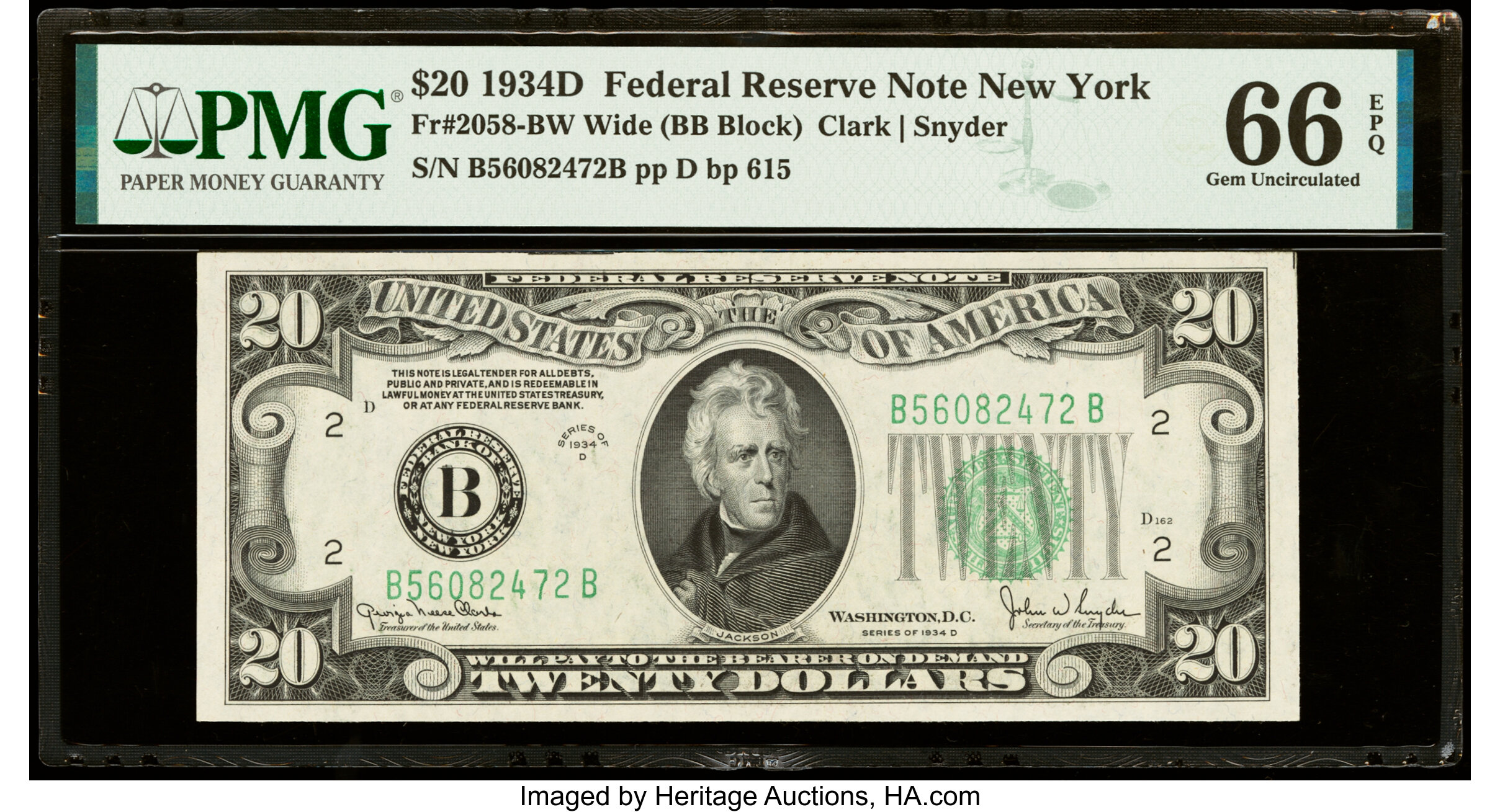 image for: Fr. 2058-B $20 1934D Wide Federal Reserve Note. PMG Gem Uncirculated 66 EPQ....