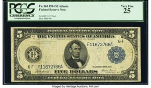 image for: Fr. 865 $5 1914 Federal Reserve Note PCGS Very Fine 25....