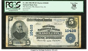 image for: Mason City, IA - $5 1902 Plain Back Fr. 604 The Security National Bank Ch. # 10428 PCGS Apparent Very Fine 30....