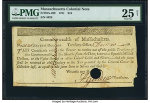 image for: Massachusetts 1781 $16 PMG Very Fine 25 Net, POC....