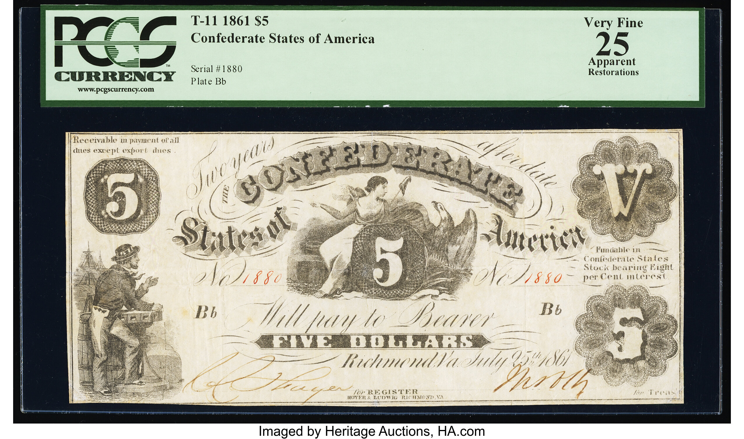 image for: T11 $5 1861 PF-4 Cr. 44 PCGS Apparent Very Fine 25....