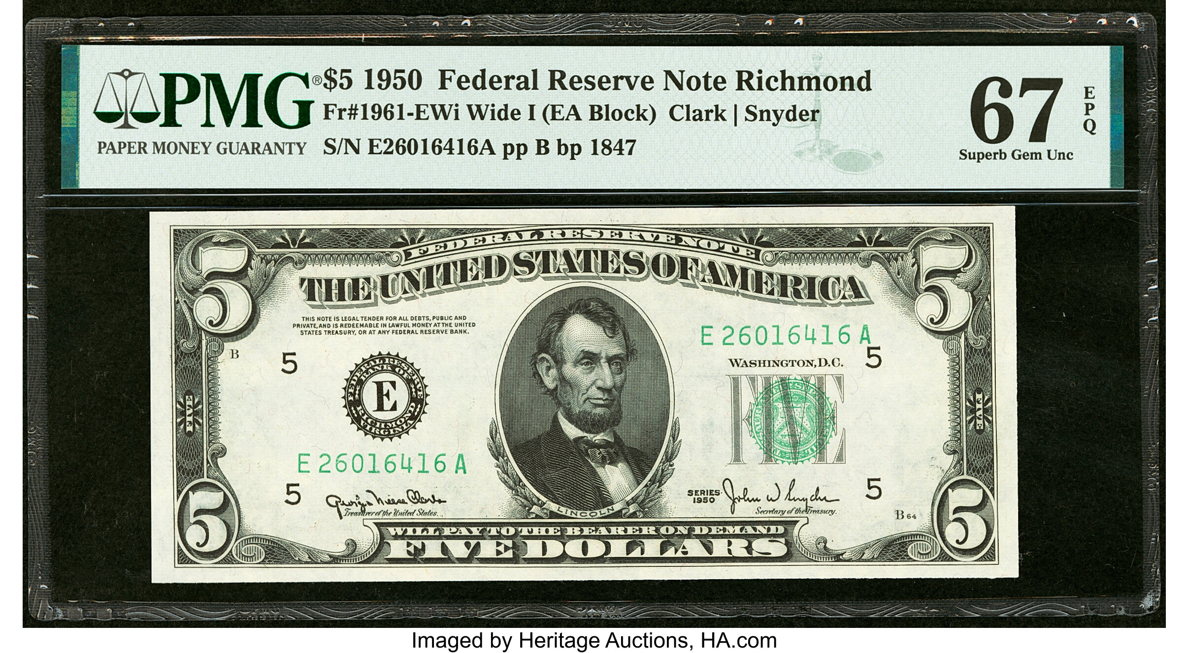 image for: Fr. 1961-E $5 1950 Wide I Federal Reserve Note. PMG Superb Gem Unc 67 EPQ....