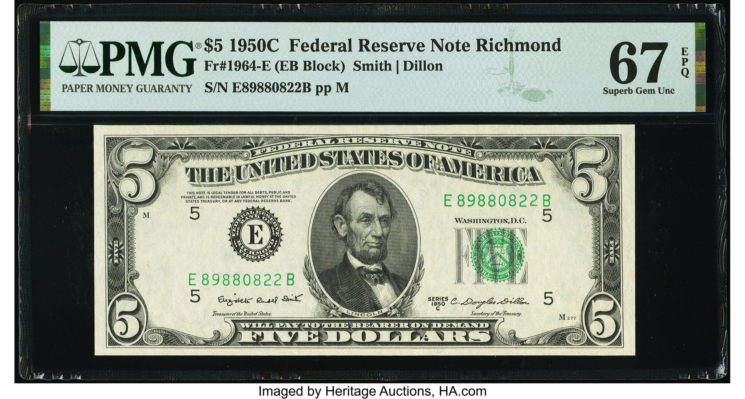 image for: Fr. 1964-E $5 1950C Federal Reserve Note. PMG Superb Gem Unc 67 EPQ....