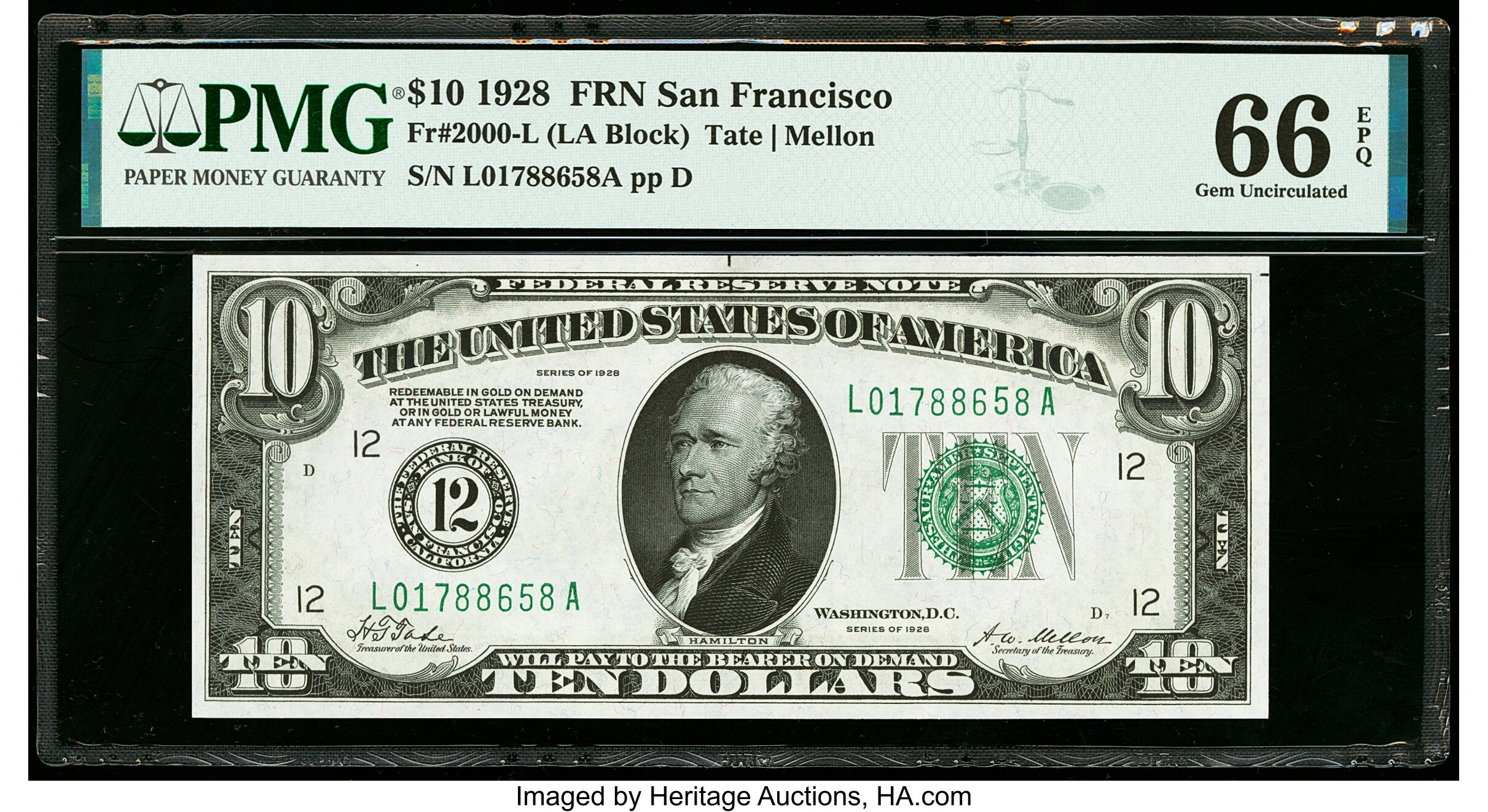 image for: Fr. 2000-L $10 1928 Federal Reserve Note. PMG Gem Uncirculated 66 EPQ....