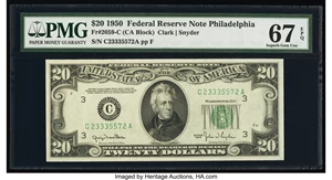 image for: Fr. 2059-C $20 1950 Federal Reserve Note. PMG Superb Gem Unc 67 EPQ....