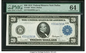 image for: Fr. 1007 $20 1914 Federal Reserve Note PMG Choice Uncirculated 64....