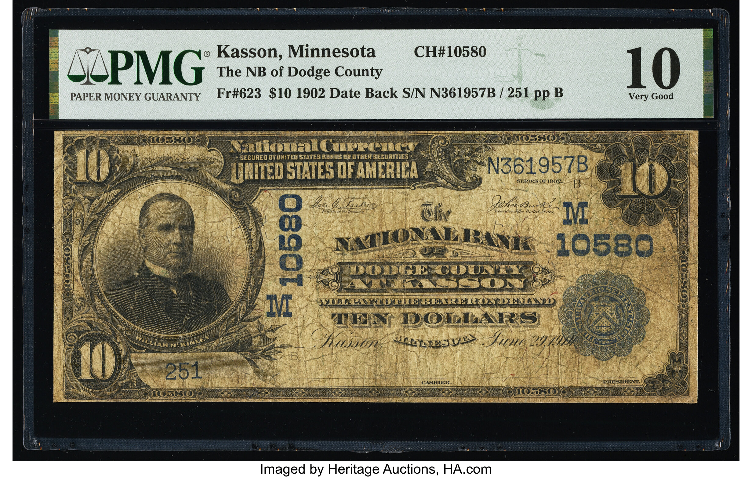 image for: Kasson, MN - $10 1902 Date Back Fr. 623 The National Bank of Dodge County Ch. # (M)10580 PMG Very Good 10....