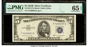 image for: Serial Number 72000024 Fr. 1657 $5 1953B Silver Certificate. PMG Gem Uncirculated 65 EPQ....