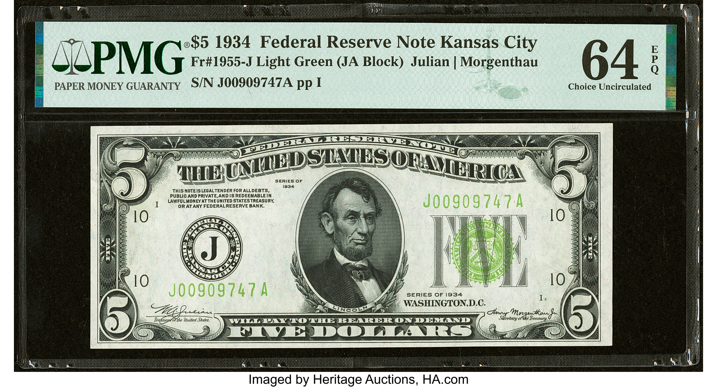image for: Fr. 1955-J $5 1934 Federal Reserve Note. PMG Choice Uncirculated 64 EPQ....
