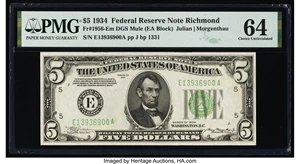image for: Fr. 1956-E $5 1934 Mule Federal Reserve Note. PMG Choice Uncirculated 64....