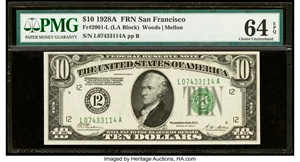 image for: Fr. 2001-L $10 1928A Federal Reserve Note. PMG Choice Uncirculated 64 EPQ....