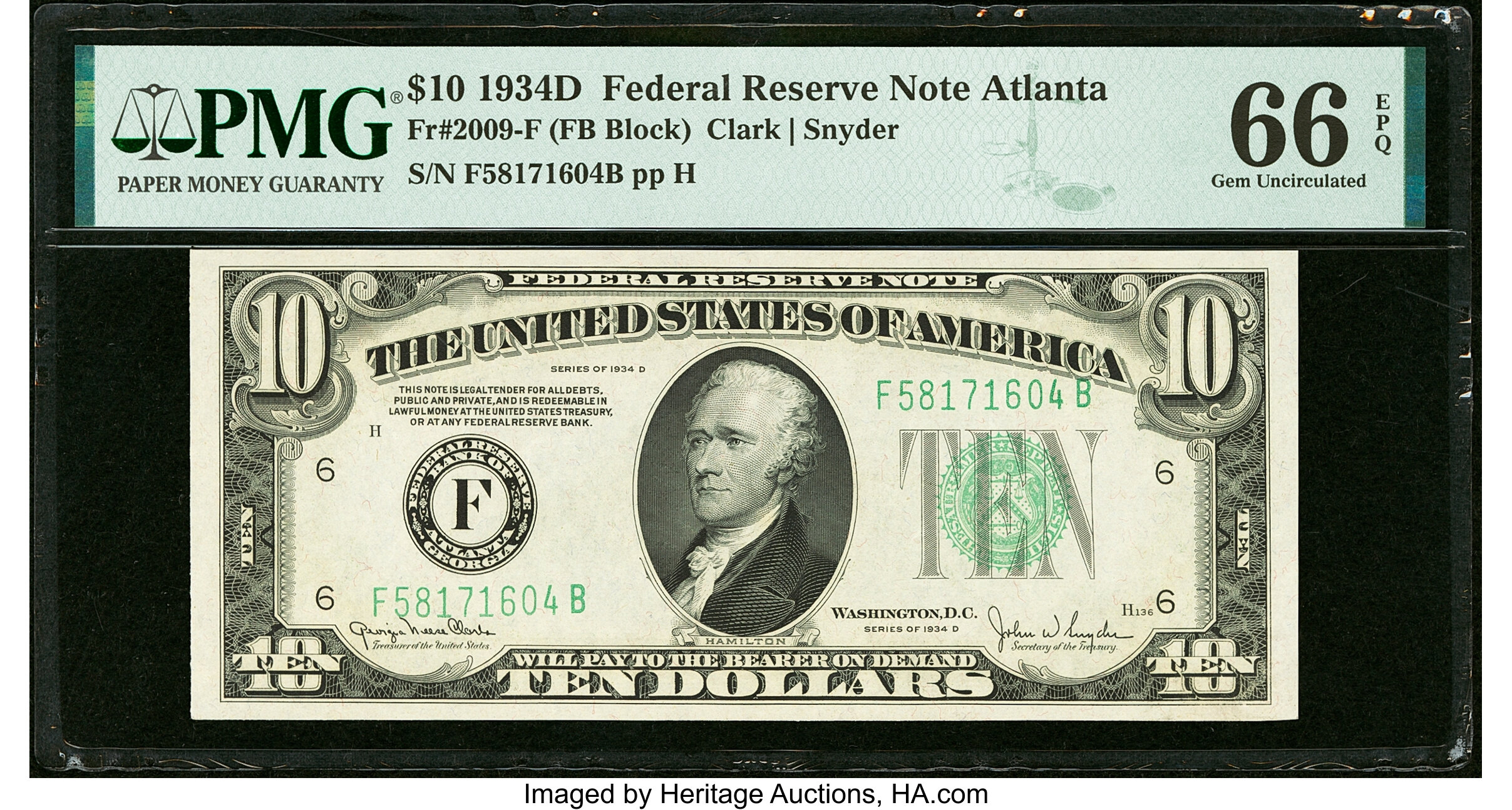 image for: Fr. 2009-F $10 1934D Federal Reserve Note. PMG Gem Uncirculated 66 EPQ....