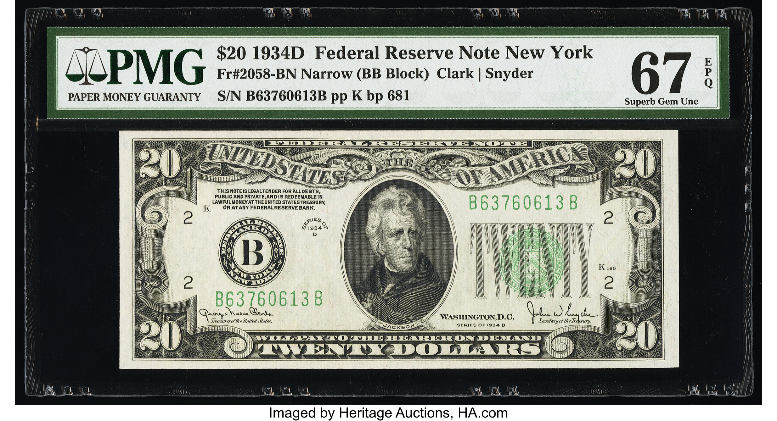 image for: Fr. 2058-B $20 1934D Narrow Federal Reserve Note. PMG Superb Gem Unc 67 EPQ....