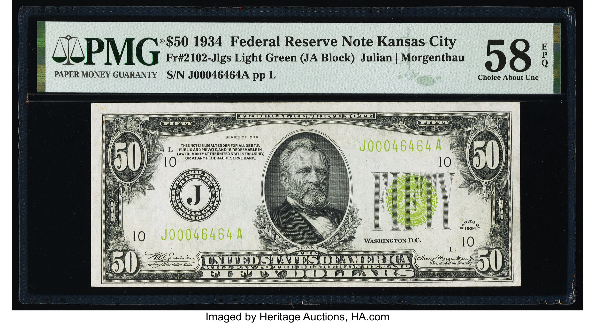 image for: Fr. 2102-J $50 1934 Federal Reserve Note. PMG Choice About Unc 58 EPQ....
