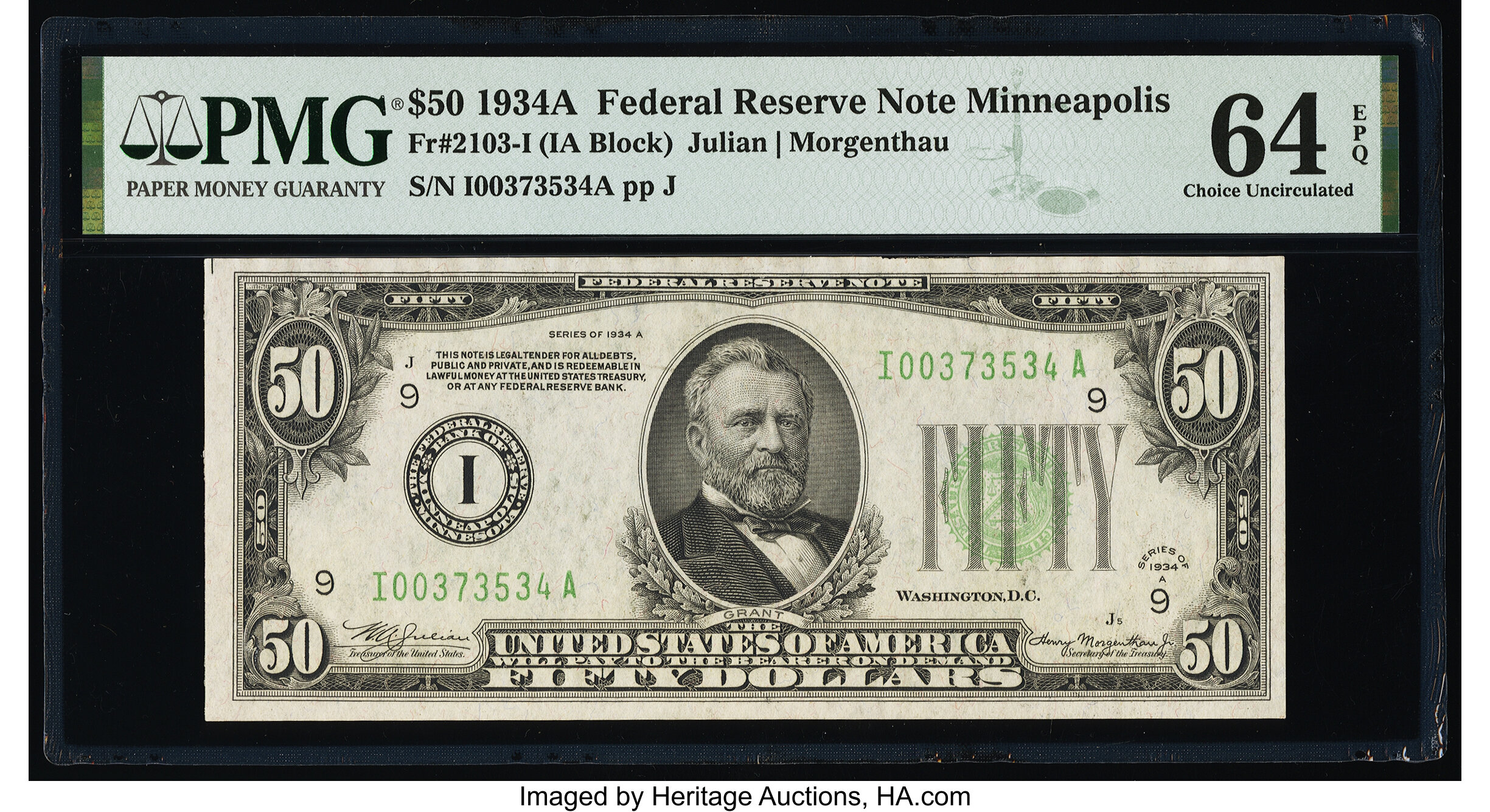 image for: Fr. 2103-I $50 1934A Federal Reserve Note. PMG Choice Uncirculated 64 EPQ....
