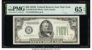 image for: Fr. 2106-B $50 1934D Federal Reserve Note. PMG Gem Uncirculated 65 EPQ....