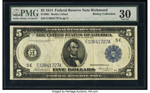 image for: Fr. 861 $5 1914 Federal Reserve Note PMG Very Fine 30....