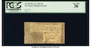 image for: New Jersey December 31, 1763 12s PCGS Very Fine 30....