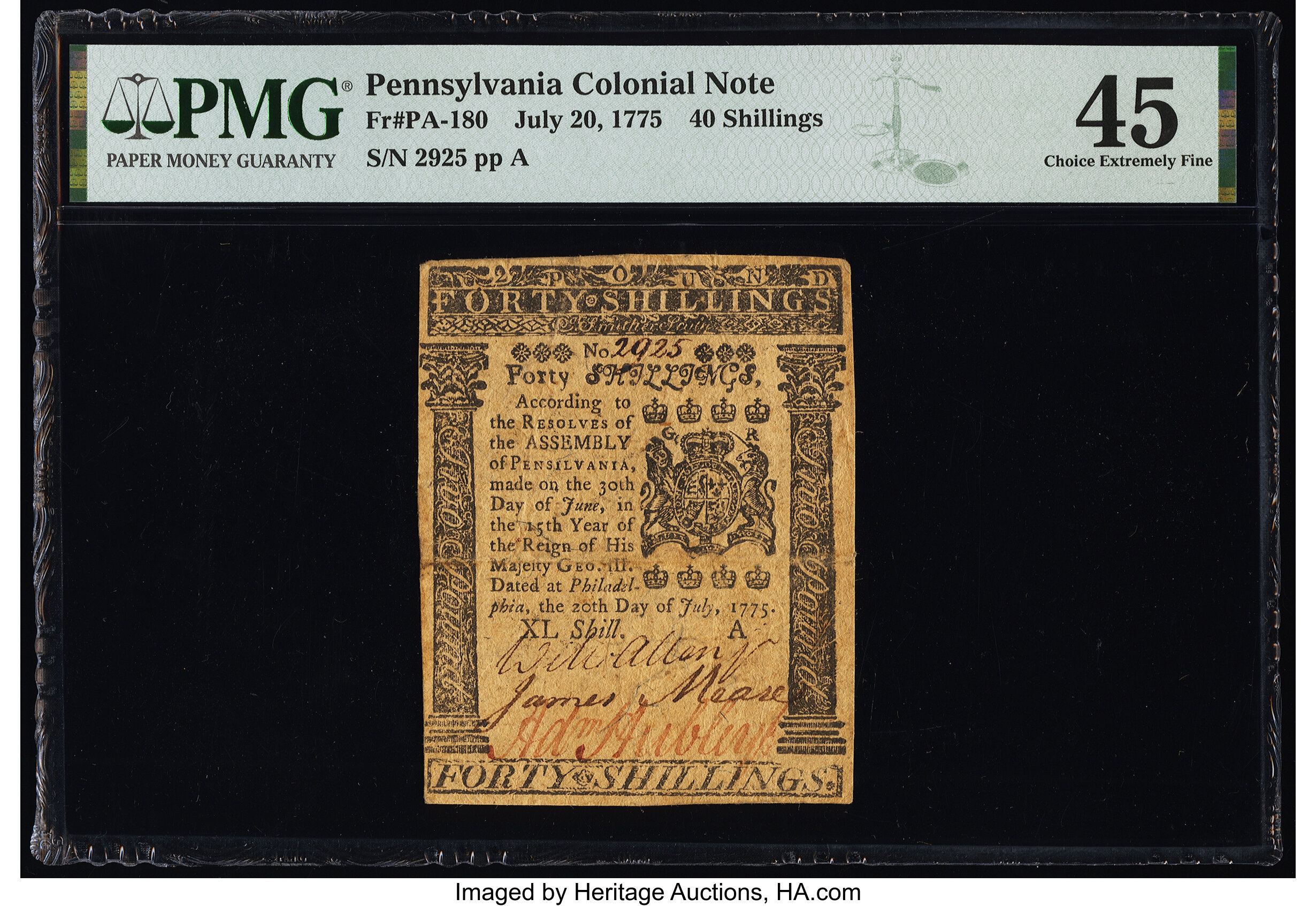 image for: Pennsylvania July 20, 1775 40s PMG Choice Extremely Fine 45....