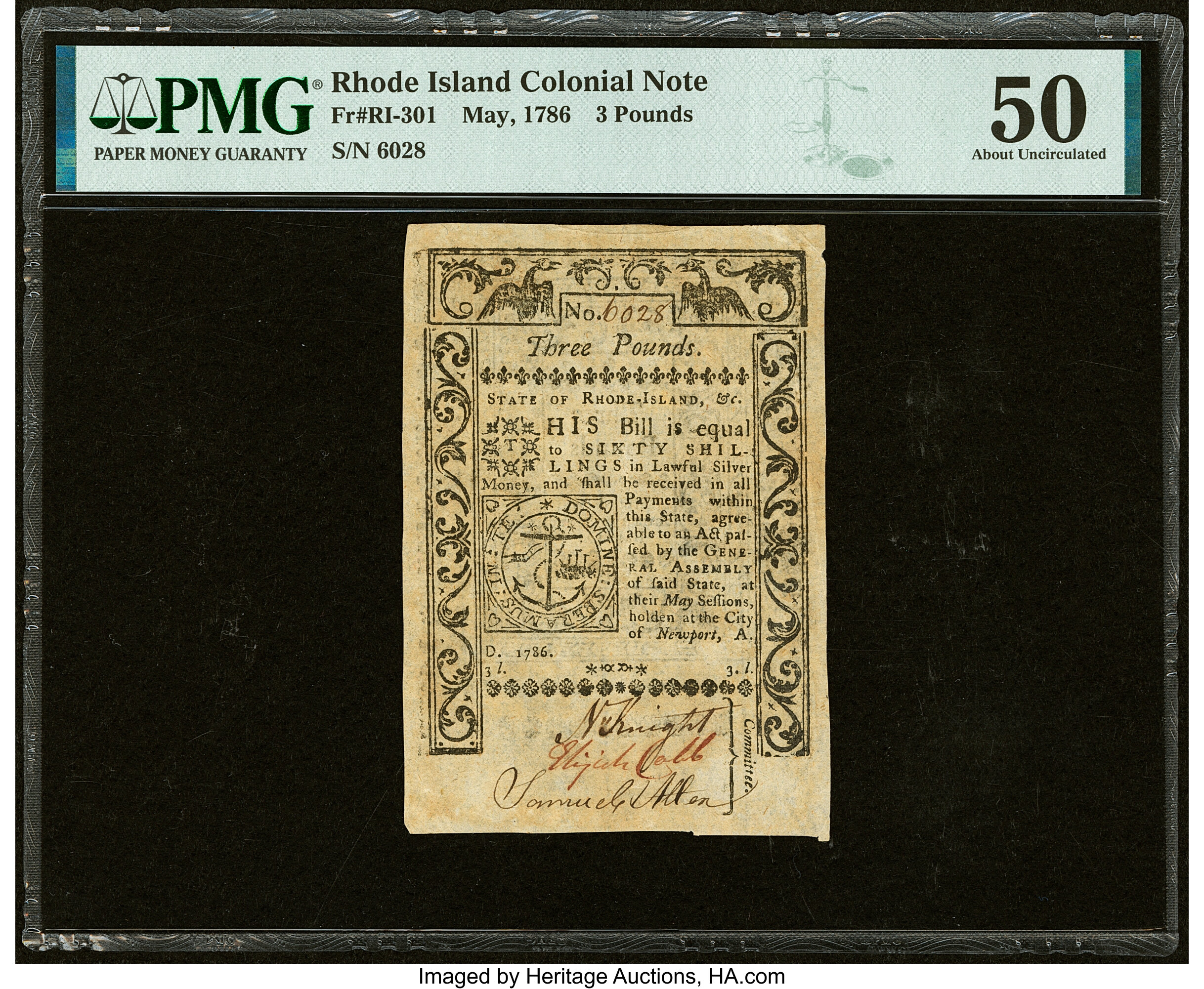 image for: Rhode Island May 1786 £3 PMG About Uncirculated 50....
