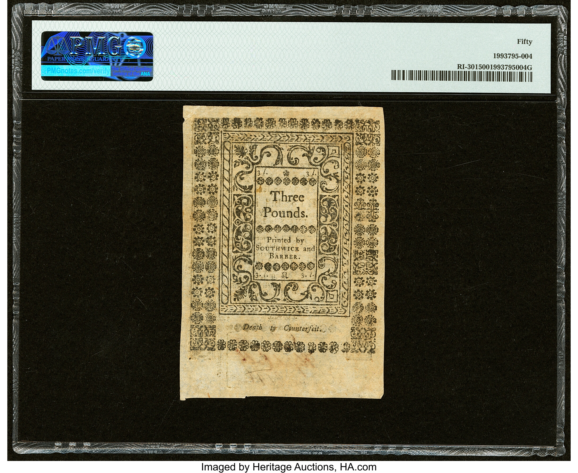 image for: Rhode Island May 1786 £3 PMG About Uncirculated 50....