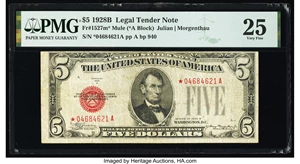 image for: Fr. 1527* $5 1928B Mule Legal Tender Star Note. PMG Very Fine 25....