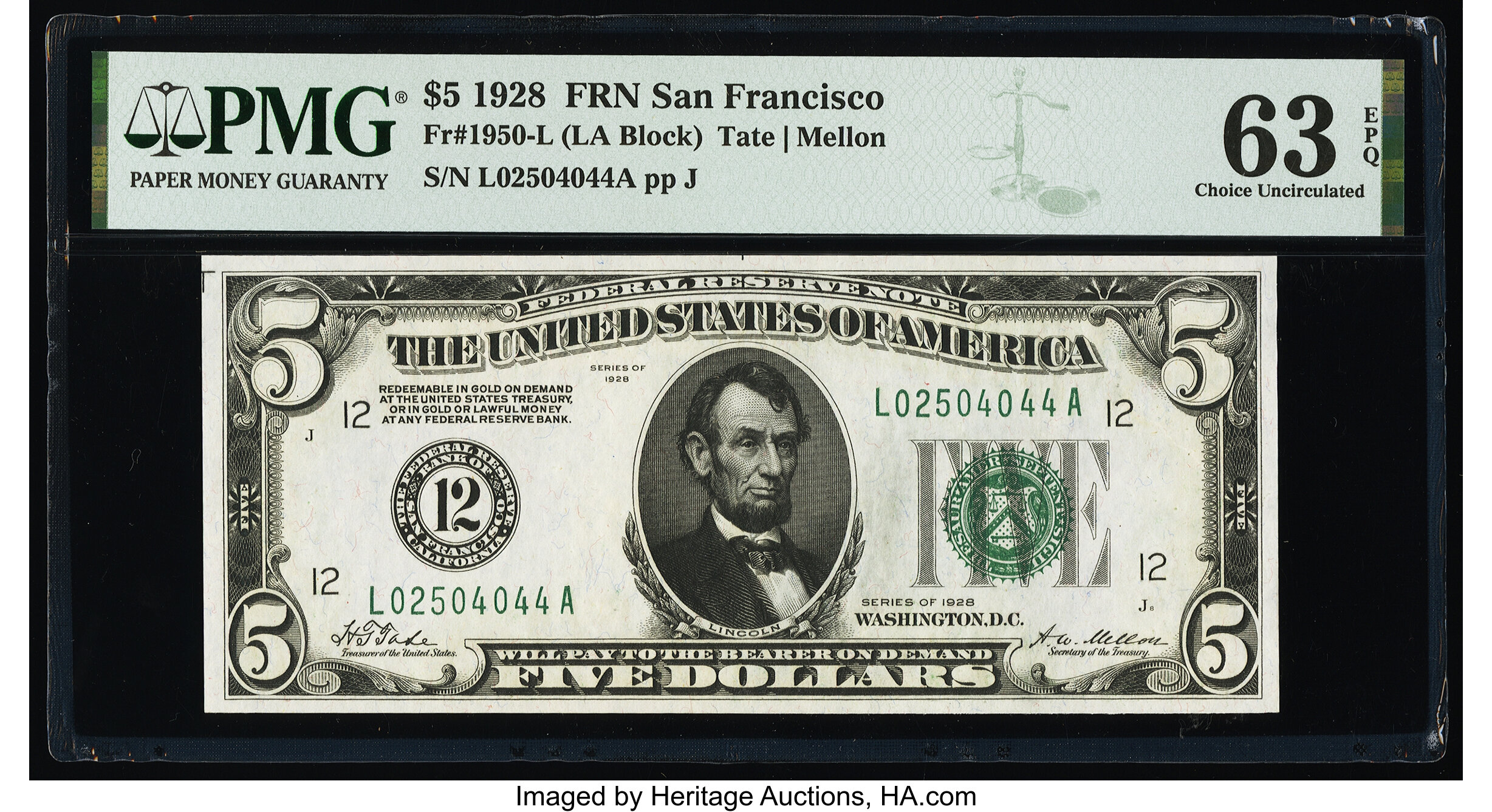 Fr. 1950-L $5 1928 Federal Reserve Note. PMG Choice Uncirculated 63 EPQ. ...