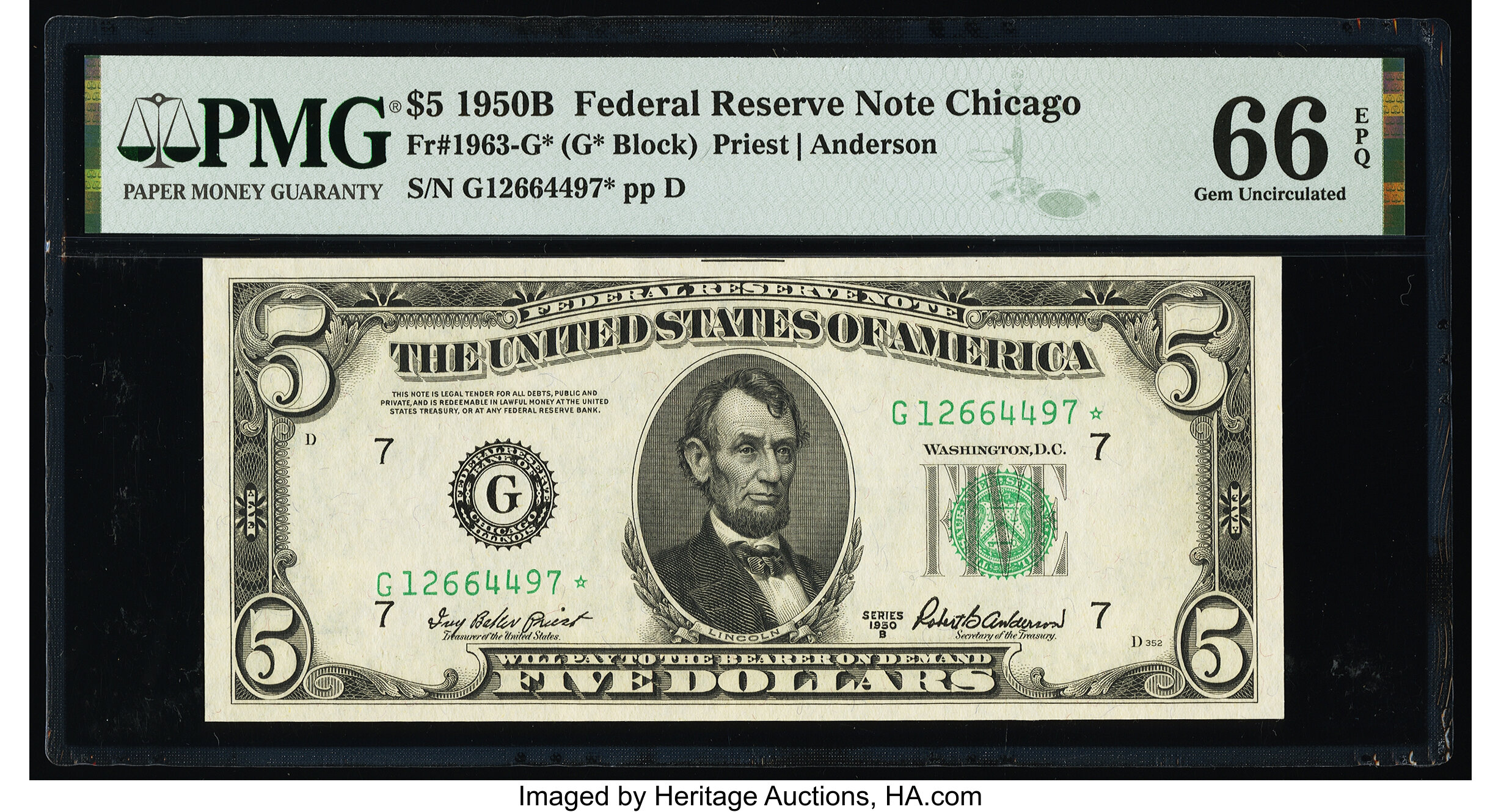 image for: Fr. 1963-G* $5 1950B Federal Reserve Star Note. PMG Gem Uncirculated 66 EPQ....