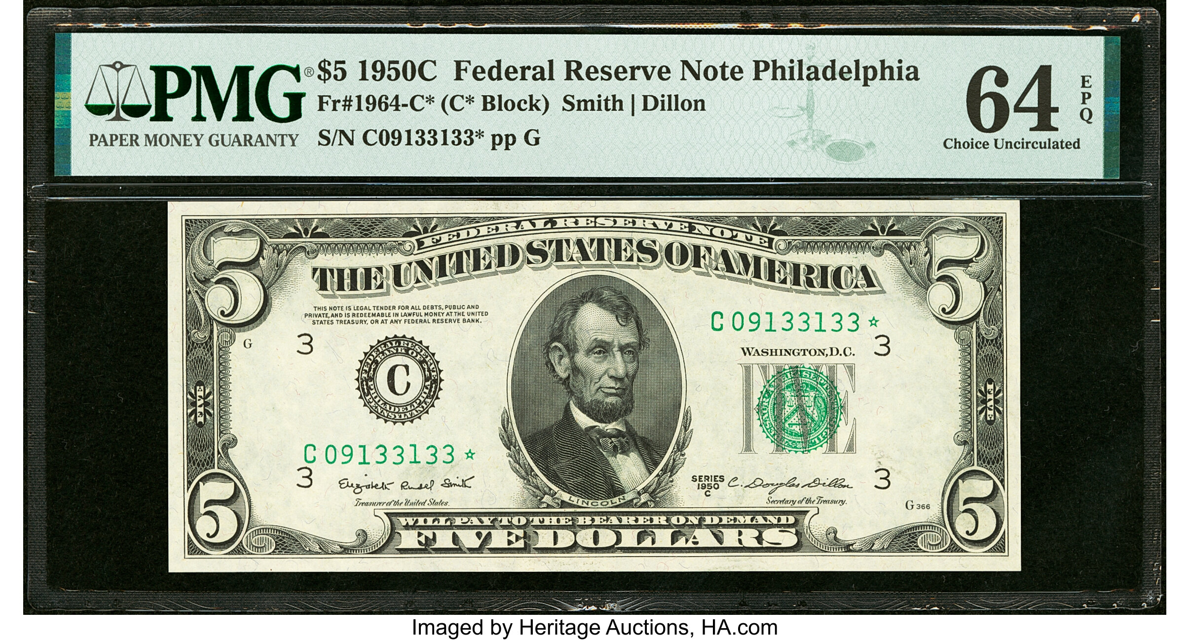 image for: Fr. 1964-C* $5 1950C Federal Reserve Note. PMG Choice Uncirculated 64 EPQ....