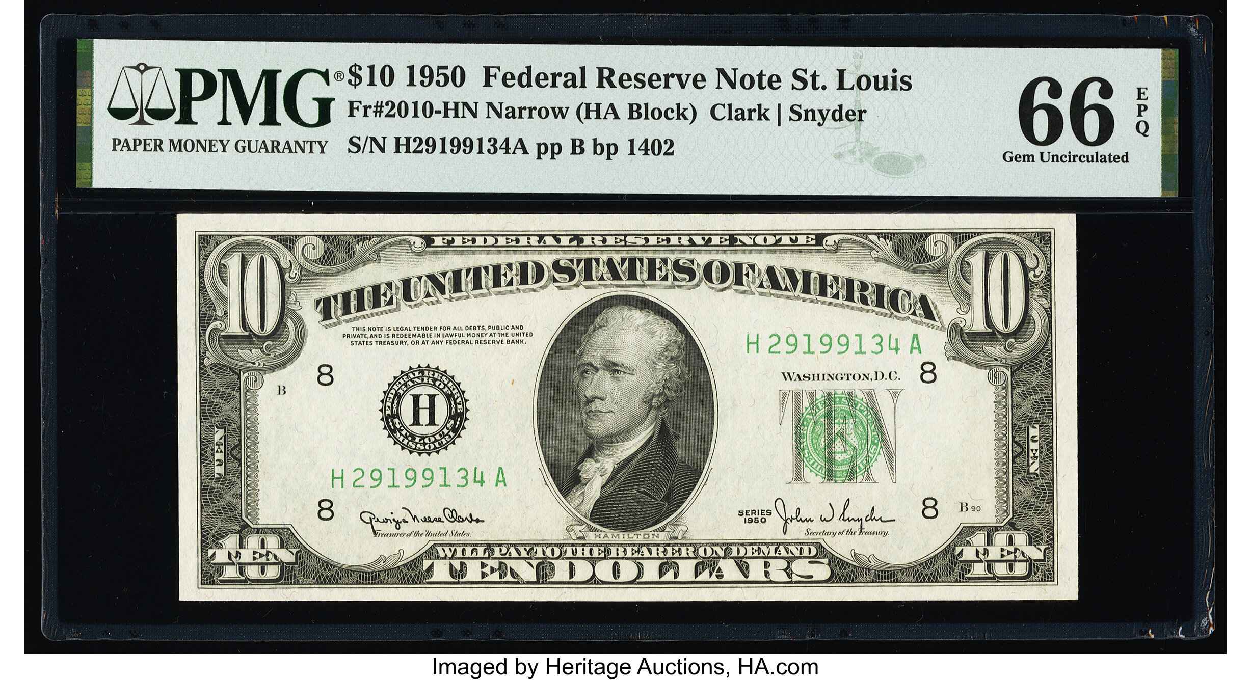 image for: Fr. 2010-H $10 1950 Narrow Federal Reserve Note. PMG Gem Uncirculated 66 EPQ....