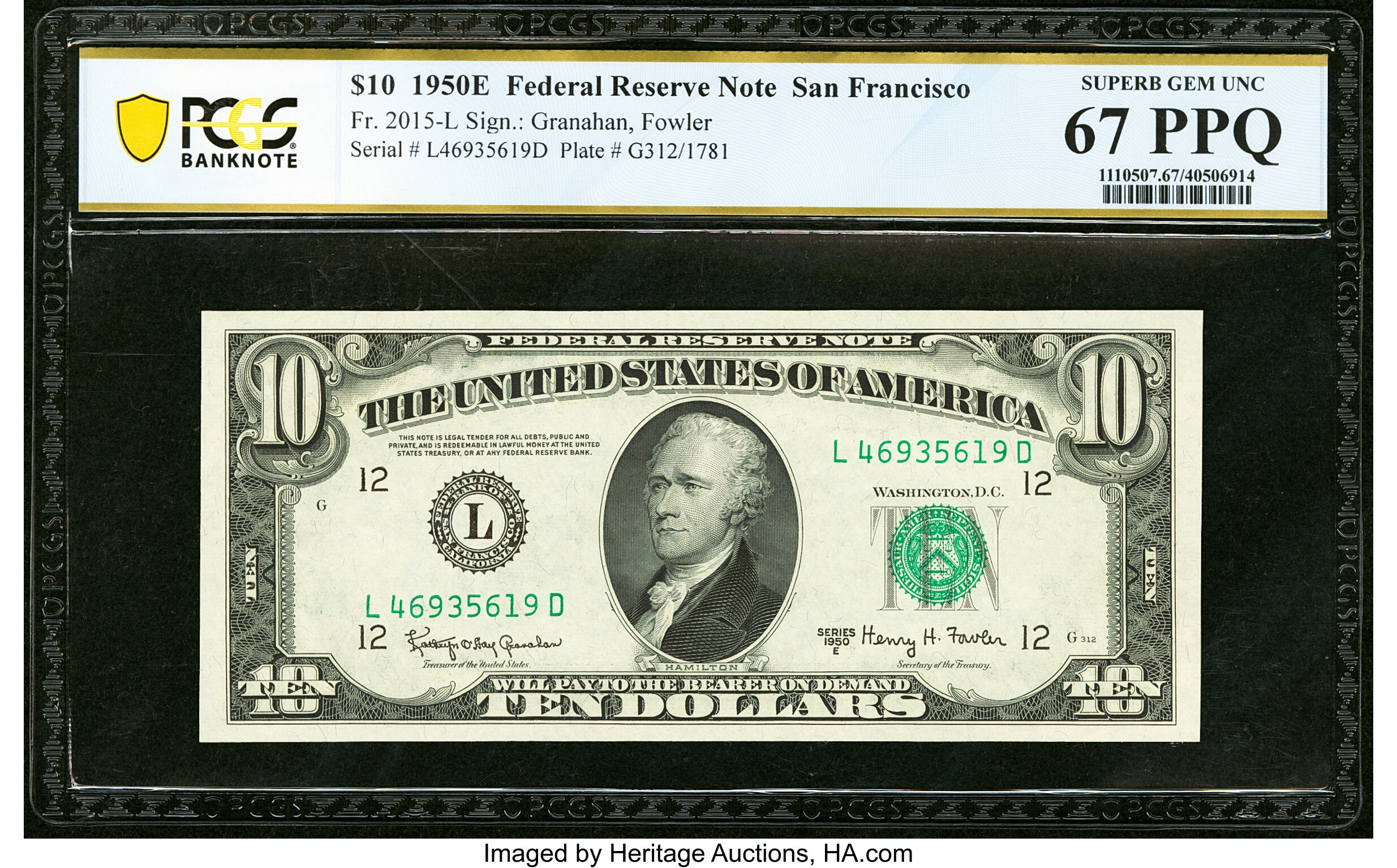 image for: Fr. 2015-L $10 1950E Federal Reserve Note. PCGS Banknote Superb Gem Unc 67 PPQ....